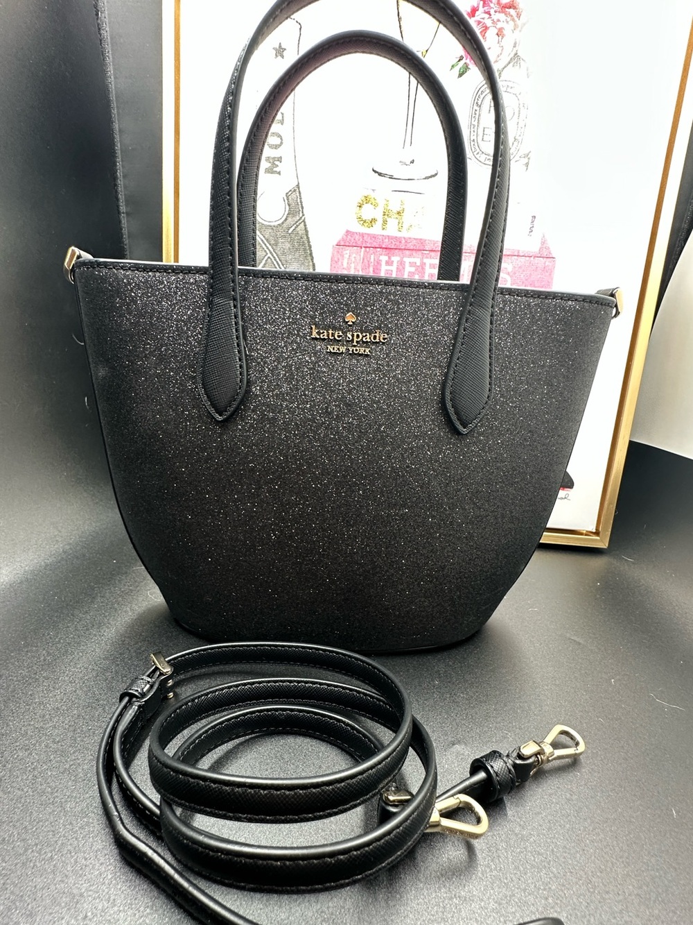 NWT Kate Soade Black Glitter Small Tote with Detachable Strap